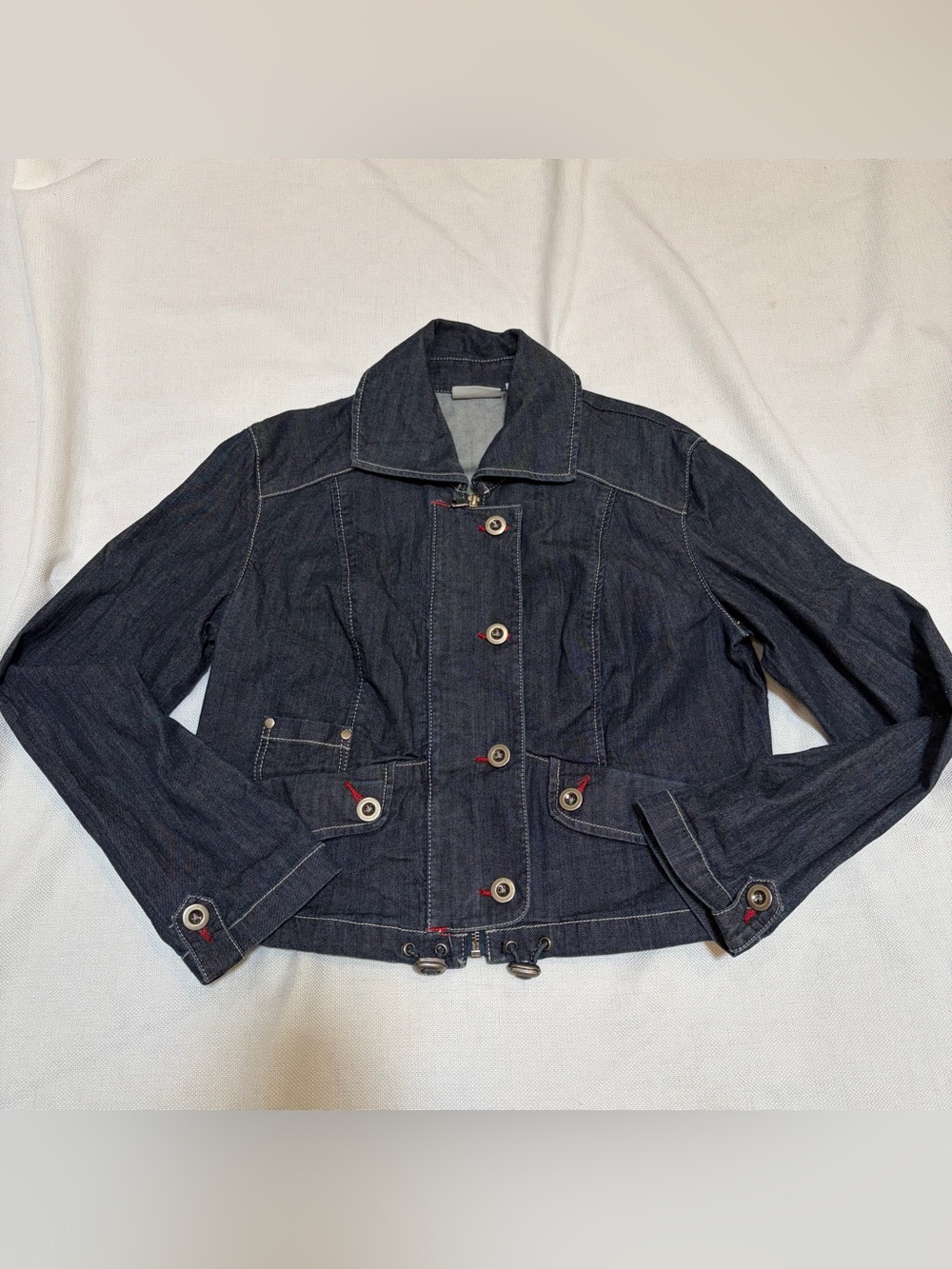 Chicos Platinum 0 Crop Denim Jacket Full Zip And Buttons Chinch Waist Bomber